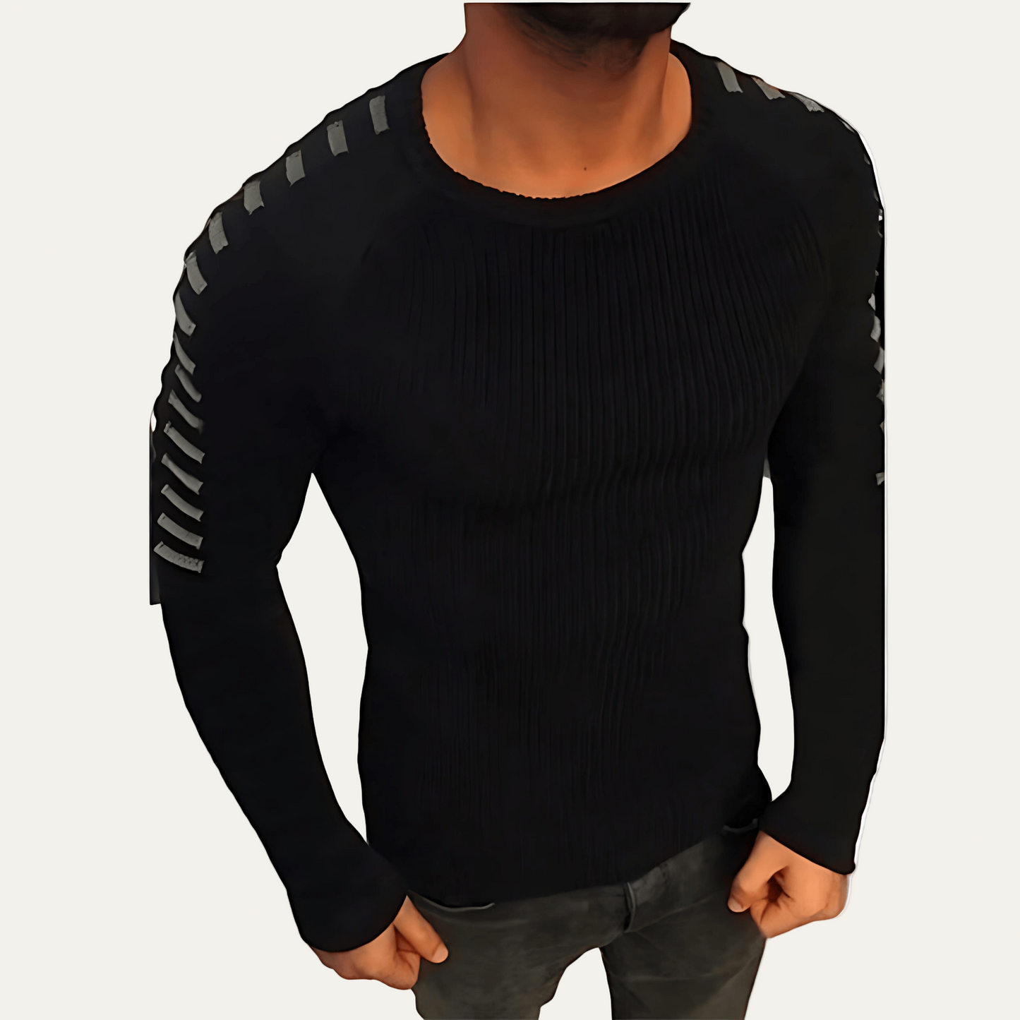 Men’s Ribbed Crewneck Sweater With Shoulder Stripe Detailing