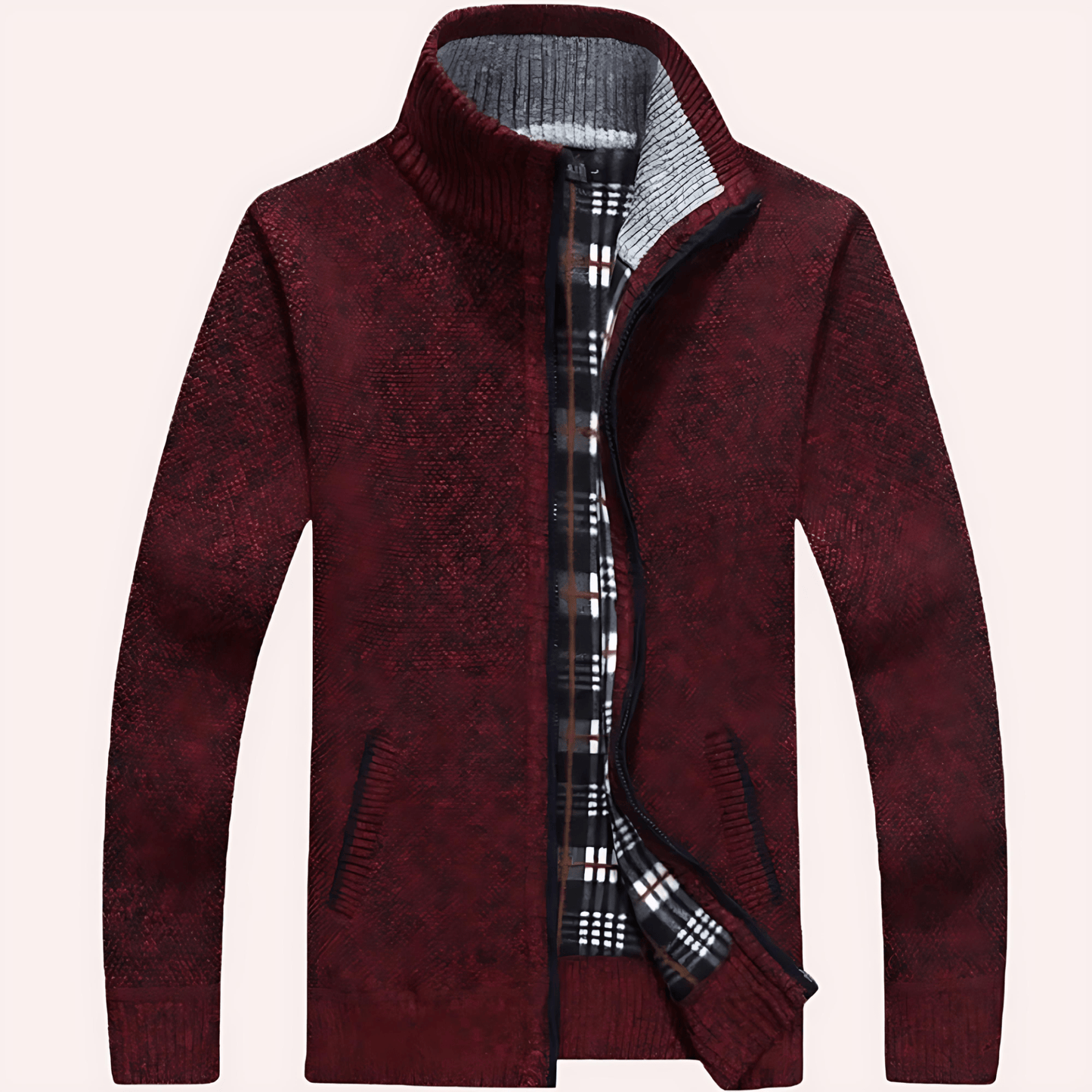 Cevori Knitted Plaid Lining Zip-Up Cardigan