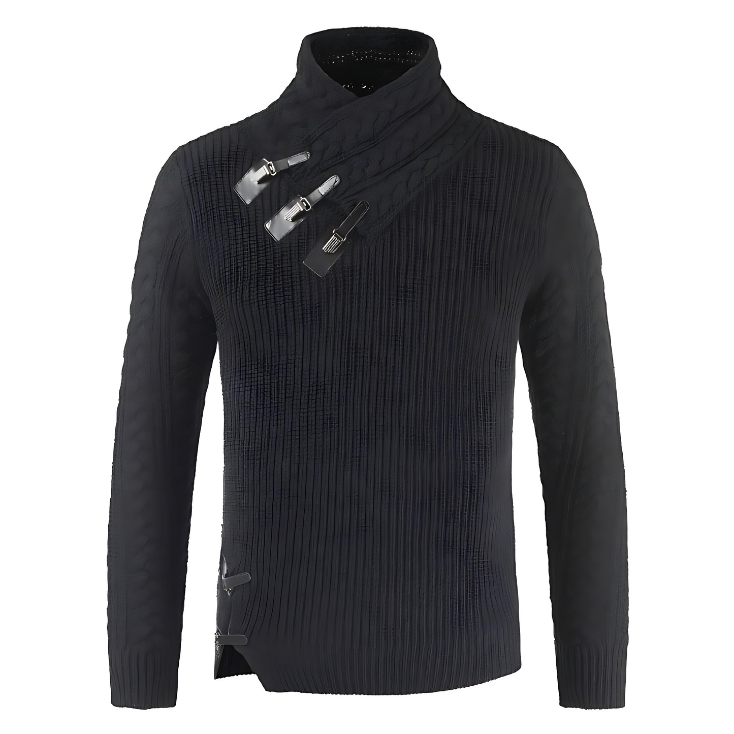 Men’s Asymmetrical Buckle Mock Neck Pullover