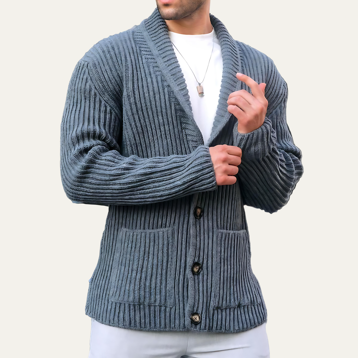 Men’s Chunky Ribbed Deep Neckline Cardigan