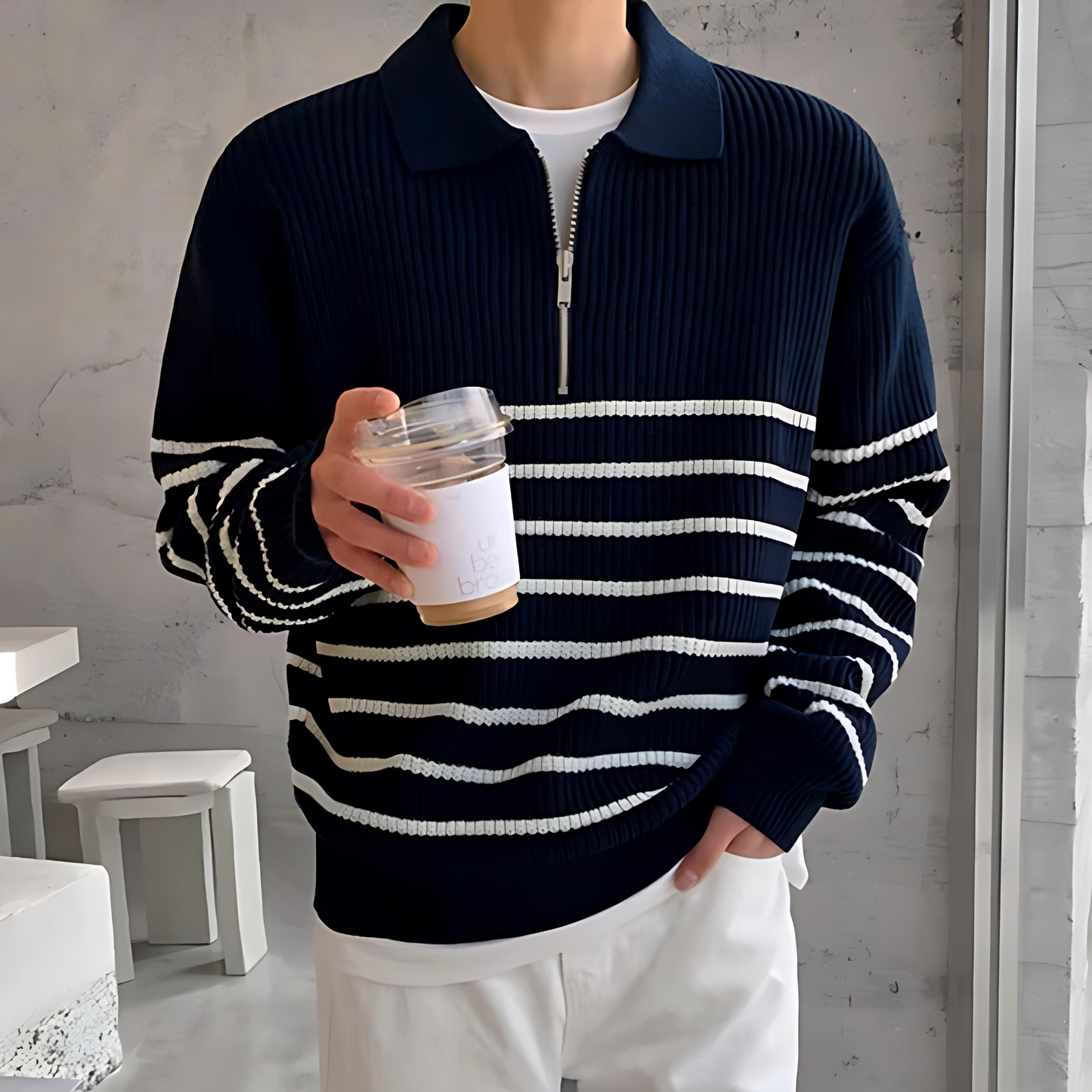 Cevori Nautical Stripe Wool Knit Half-Zip Sweater