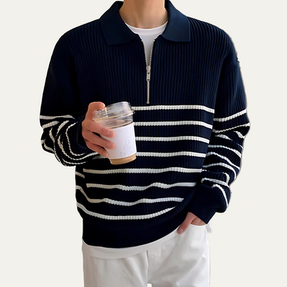 Men’s Striped Quarter Zip Polo Knit Sweater