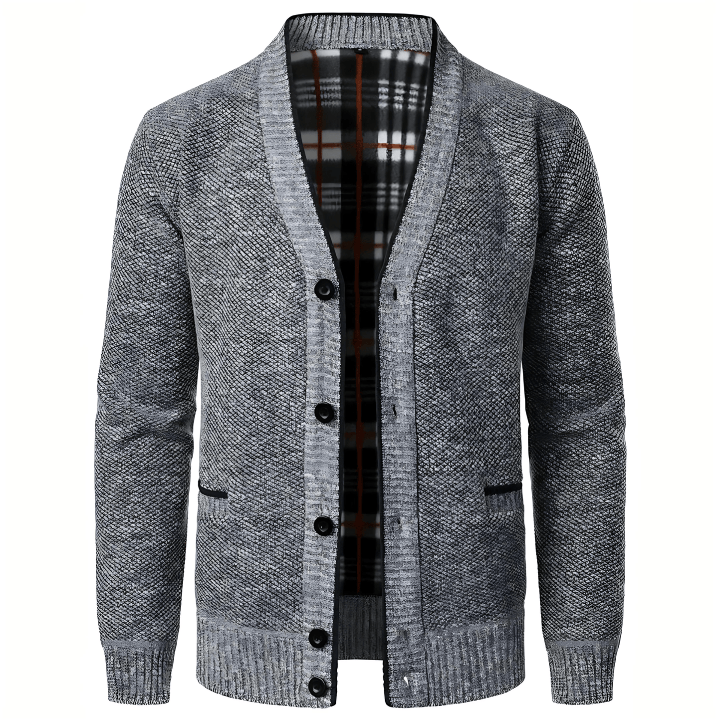 Cevori Plaid Lining & Pockets V-Neck Cardigan
