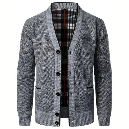 Cevori Plaid Lining & Pockets V-Neck Cardigan
