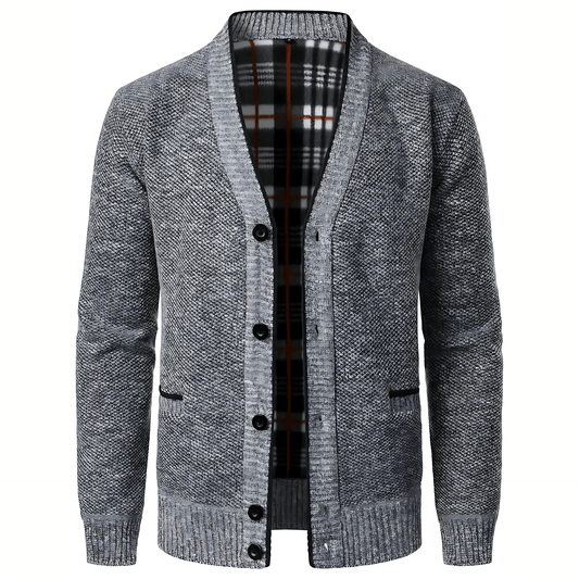 Cevori Plaid Lining & Pockets V-Neck Cardigan