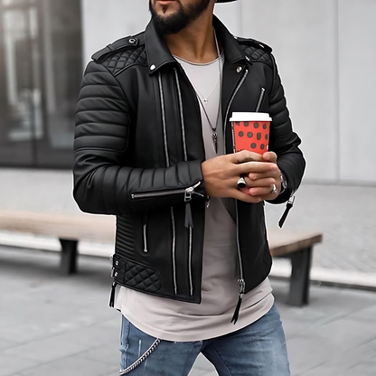 Cevori Quilted Shoulders Leather Biker Jacket