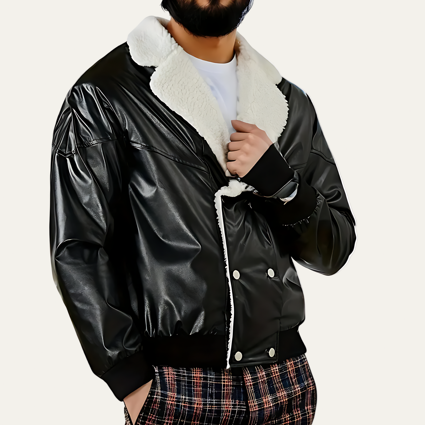Men’s Glossy Bomber Jacket with Shearling Lining
