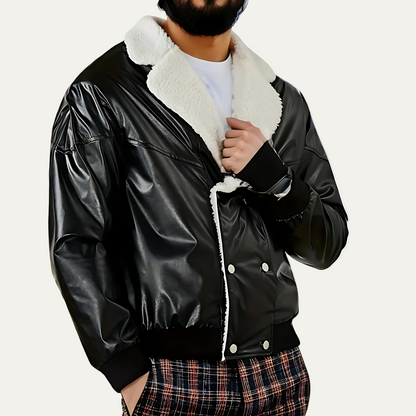 Men’s Glossy Bomber Jacket with Shearling Lining