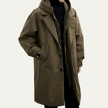 Men’s Layered Hooded Long Mac Overcoat