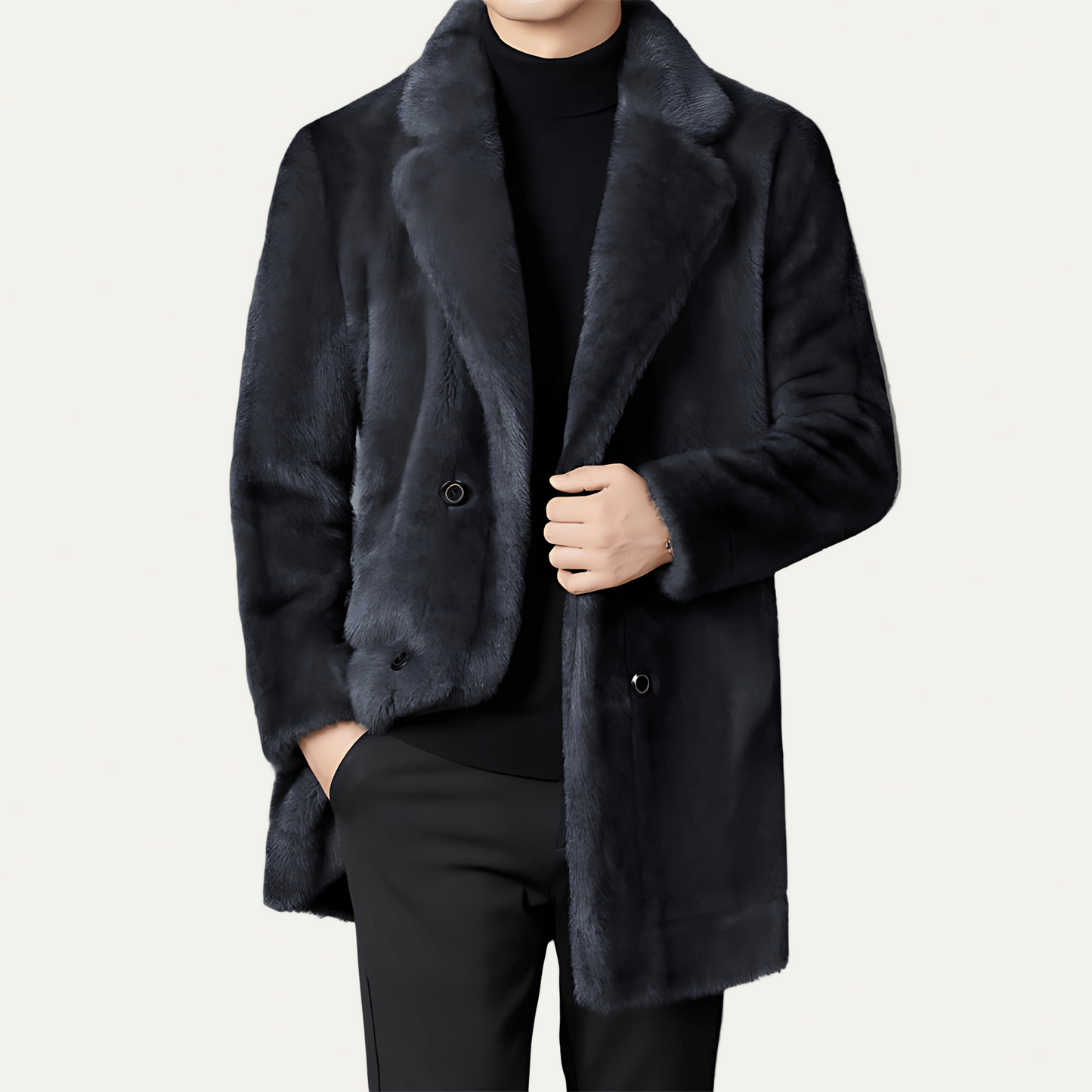 Men’s Double Breasted Faux Fur Mid Length Coat