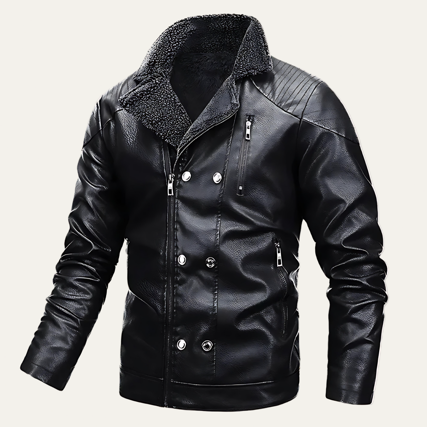 Men’s Faux Leather Jacket with Fur Lined Collar
