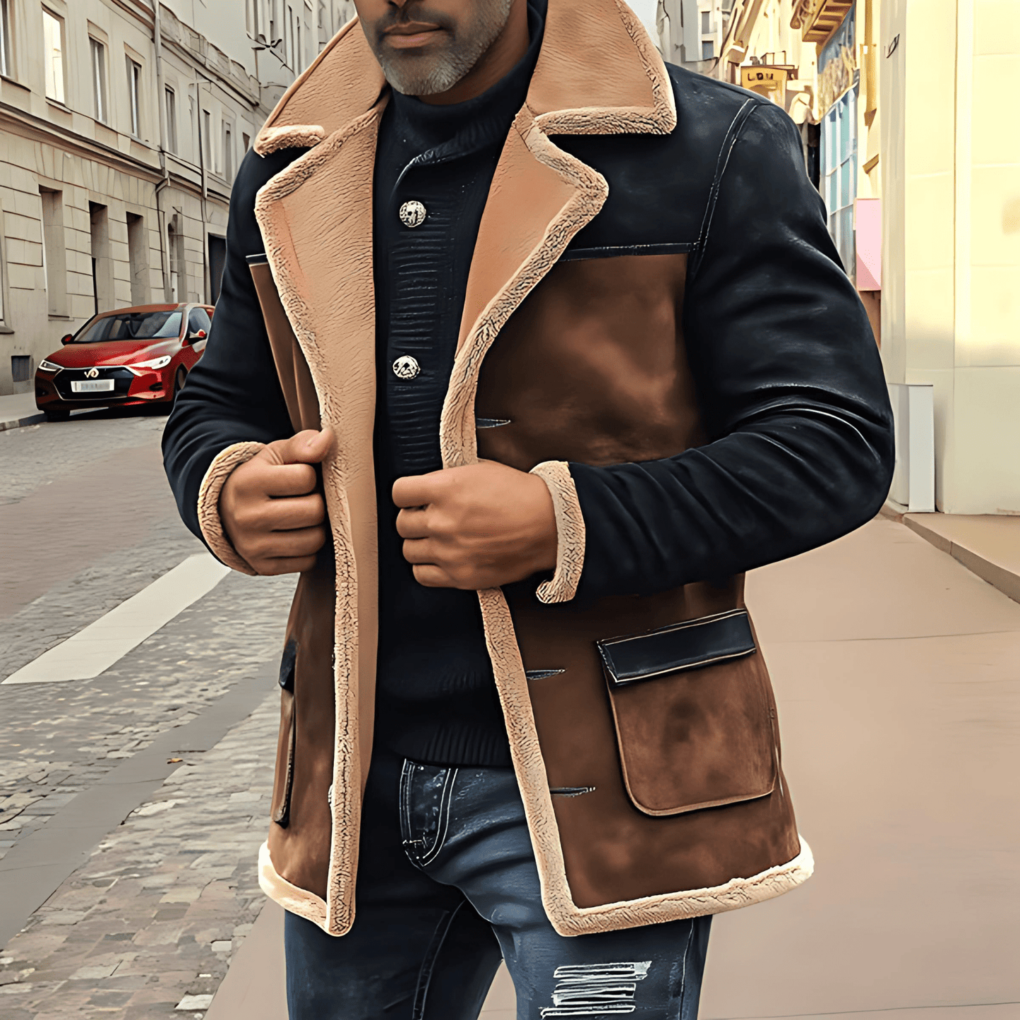 Cevori Shearling Trim Faux Suede Casual Jacket