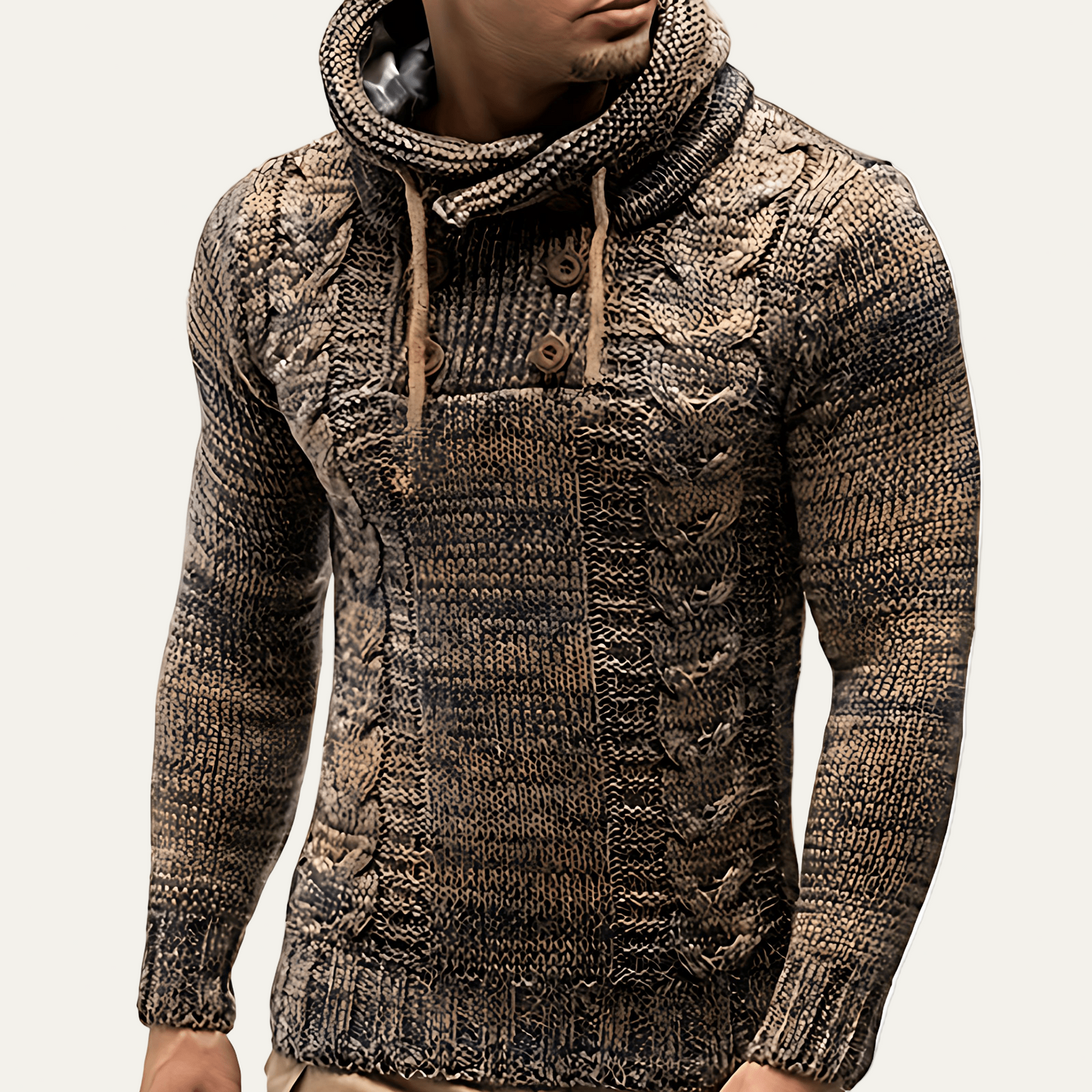 Men’s Cable Knit Sweater With Cowl Neck Buttons