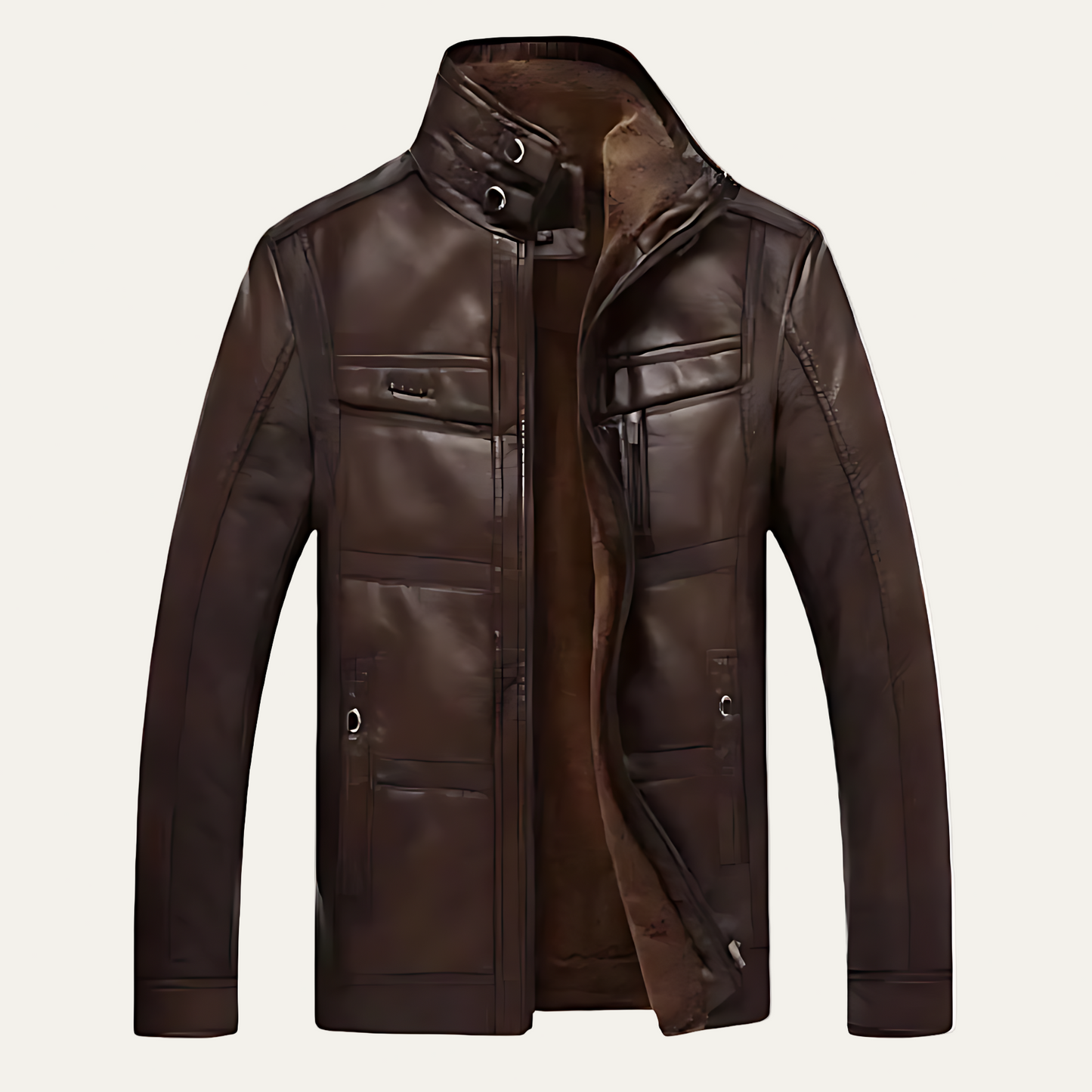 Men’s Stand Collar Leather Jacket with Multi Pockets