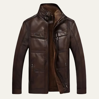 Men’s Stand Collar Leather Jacket with Multi Pockets