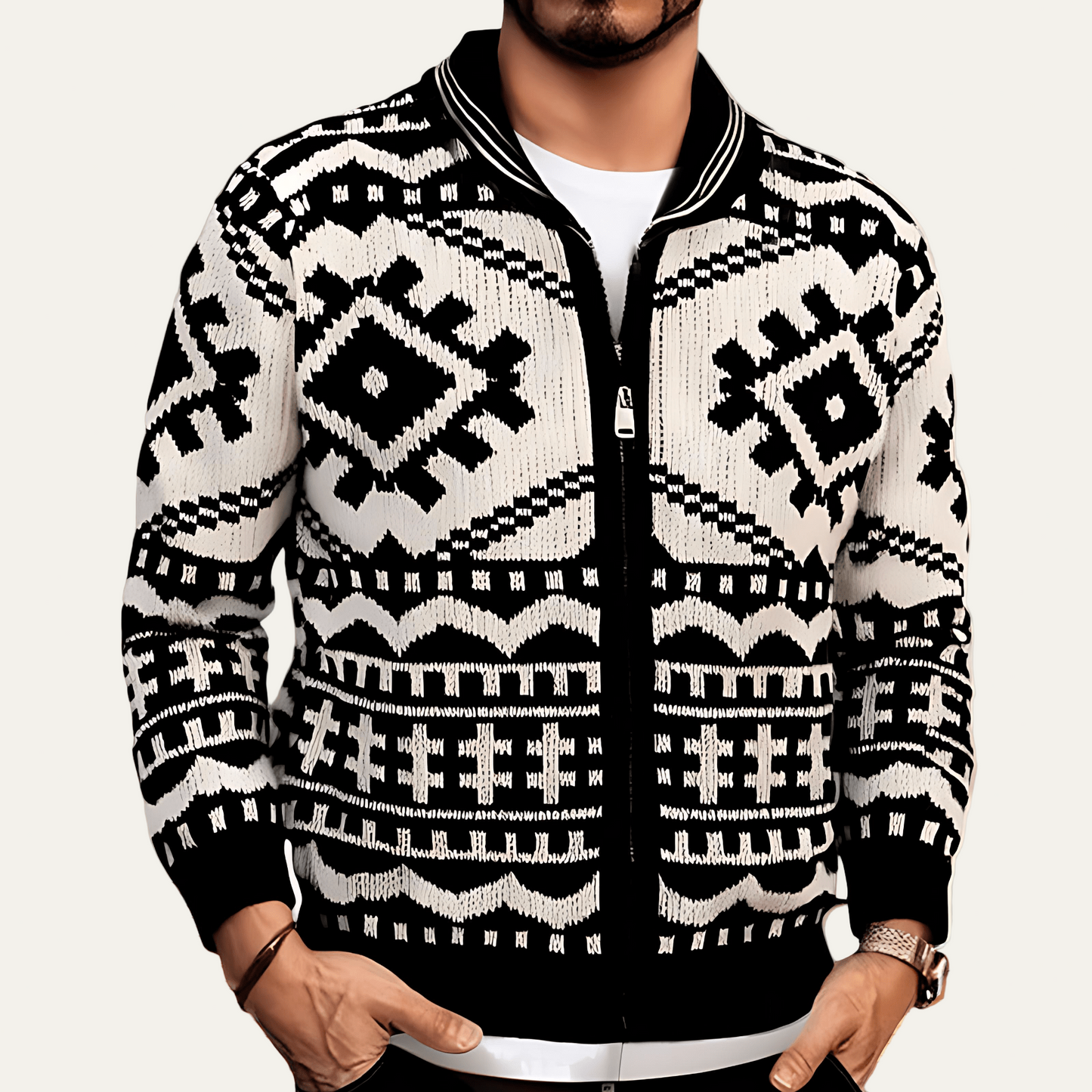 Men’s Geometric Knit Zip Sweater Jacket