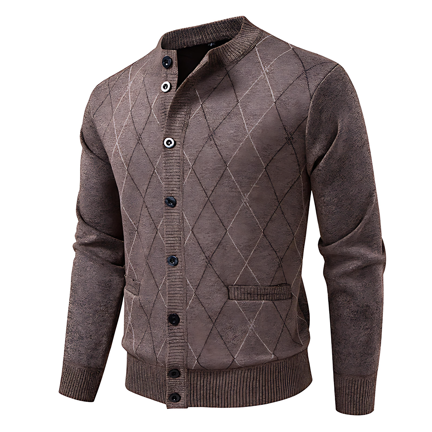 Men’s Argyle Pattern Mock Neck Cardigan