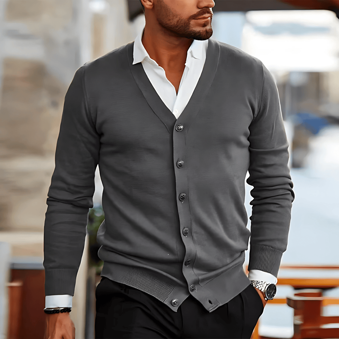 Cevori V-Neck Button Ribbed Hem Slim Fit Cardigan