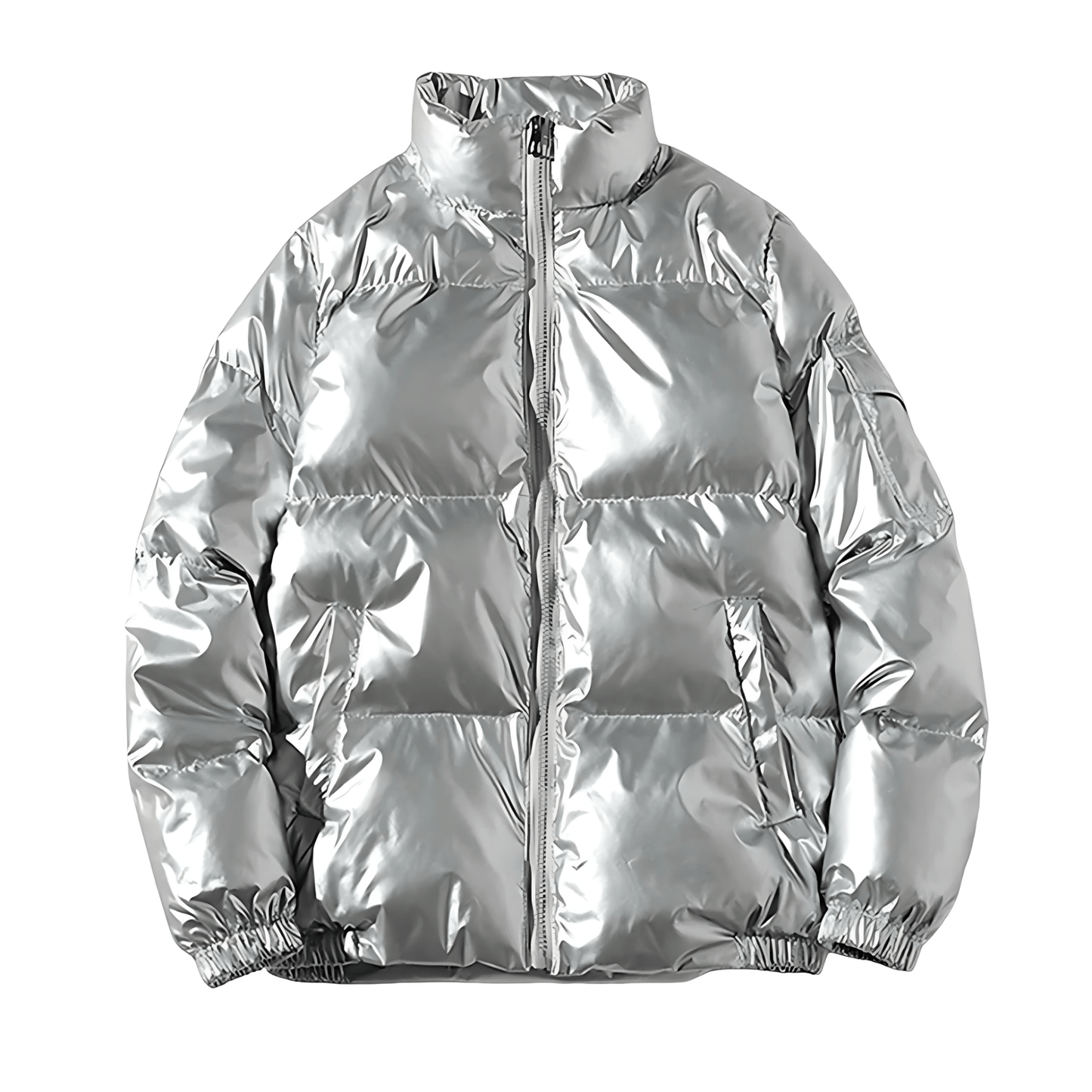 Men’s High Shine Metallic Puffer Jacket with Stand Collar