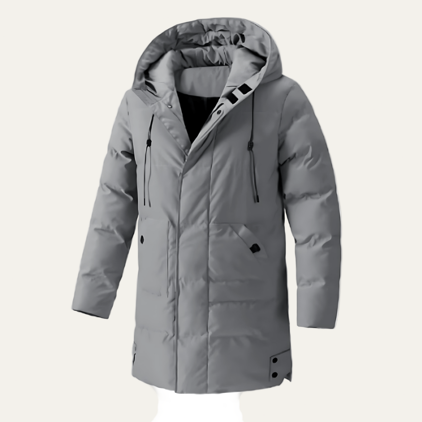 Men’s Long Hooded Puffer Parka with Zip and Button Placket