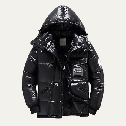 Men’s Glossy Hooded Puffer Jacket with Multi Pockets