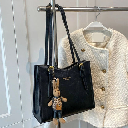 CharmBun | Playful Spacious PU Leather Tote Bag with Rabbit Pendant