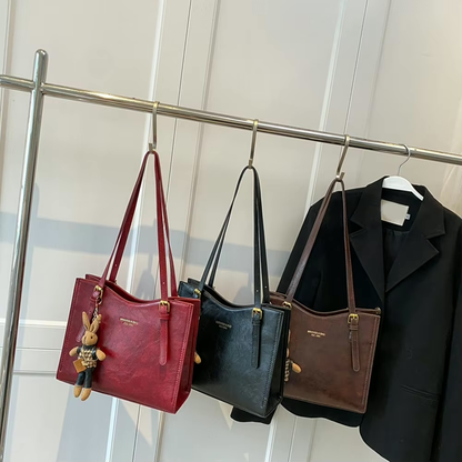 CharmBun | Playful Spacious PU Leather Tote Bag with Rabbit Pendant