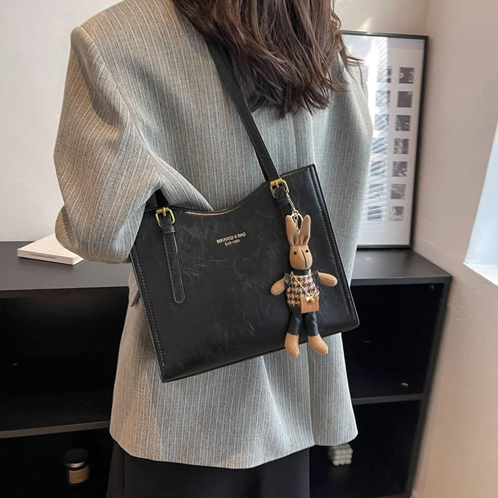 CharmBun | Playful Spacious PU Leather Tote Bag with Rabbit Pendant