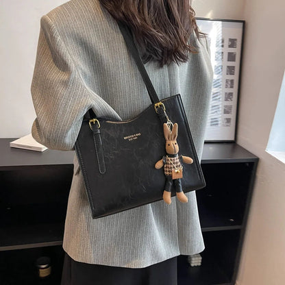 CharmBun | Playful Spacious PU Leather Tote Bag with Rabbit Pendant