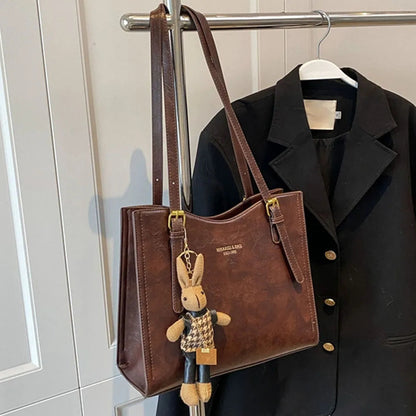 CharmBun | Playful Spacious PU Leather Tote Bag with Rabbit Pendant