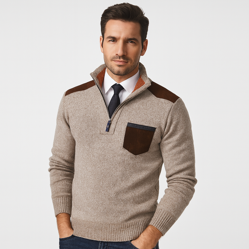 Men’s Contrast Patch Utility Quarter Zip Sweater