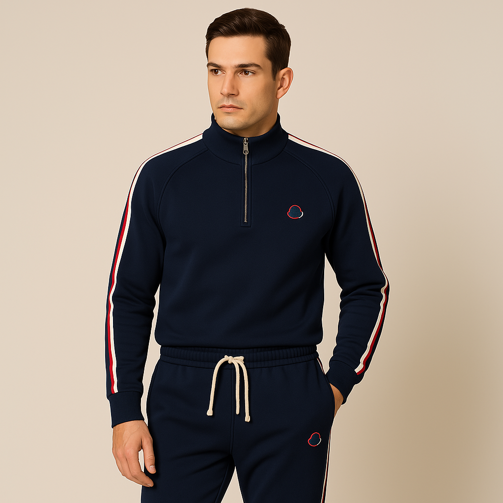 Classic Navy Blue Stripe Jogger Suit - BritishElegance