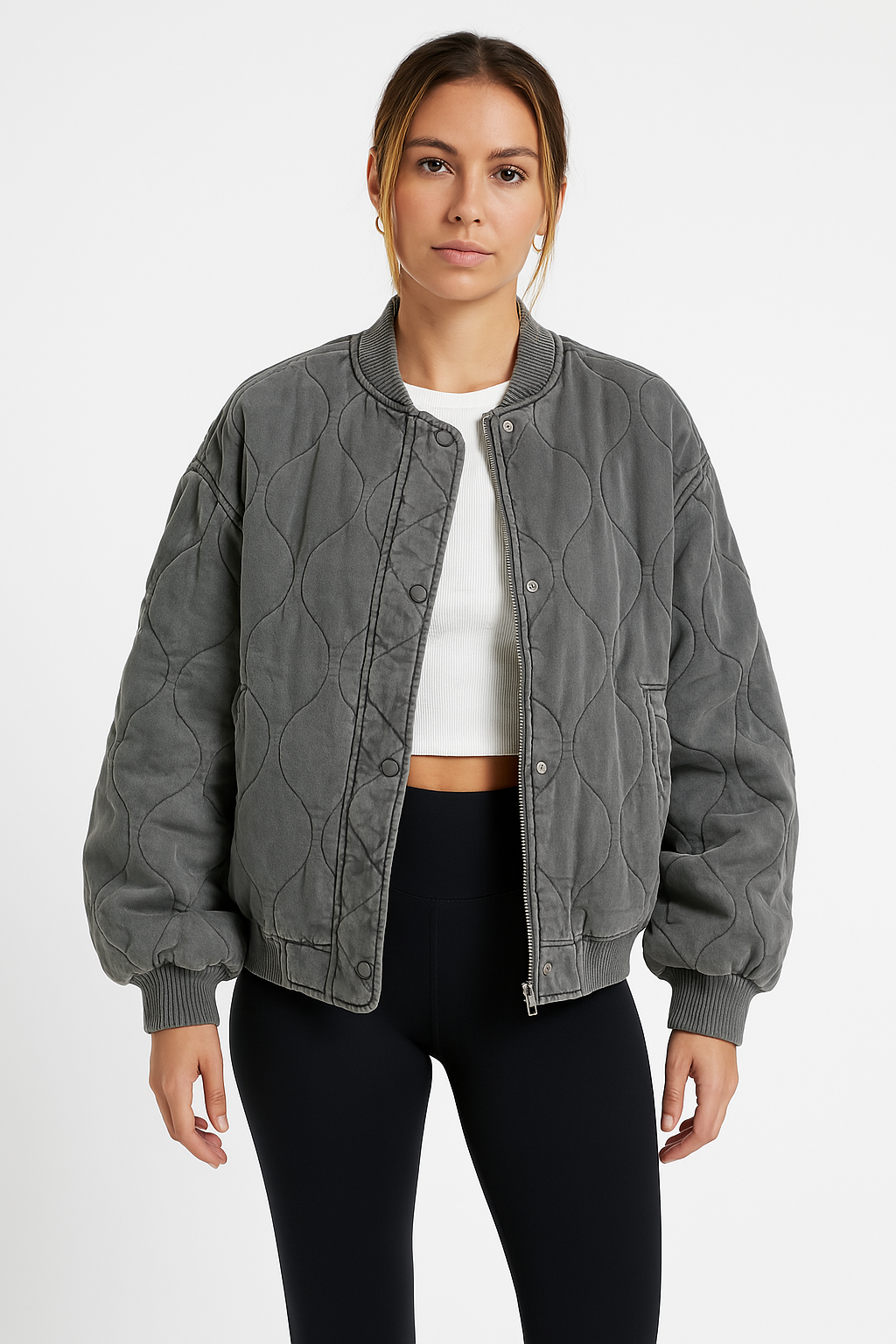 Women’s Quilted Snap Button Bomber Jacket