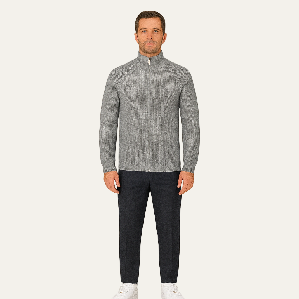 Men’s Ribbed Full Zip Stand Collar Knit Cardigan