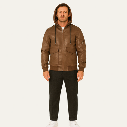 Men’s Hooded Faux Leather Bomber Jacket