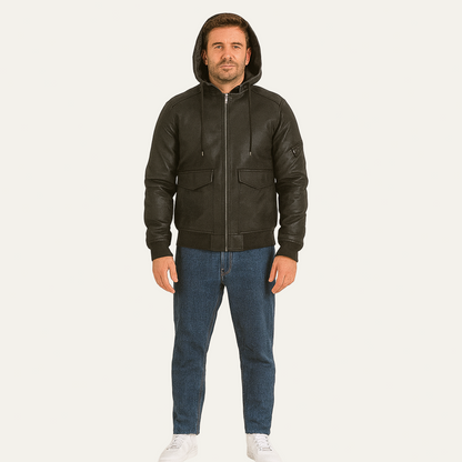 Men’s Hooded Faux Leather Bomber Jacket