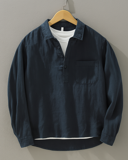 Men’s Casual Henley Shirt – Long Sleeve Cotton-Linen Pullover