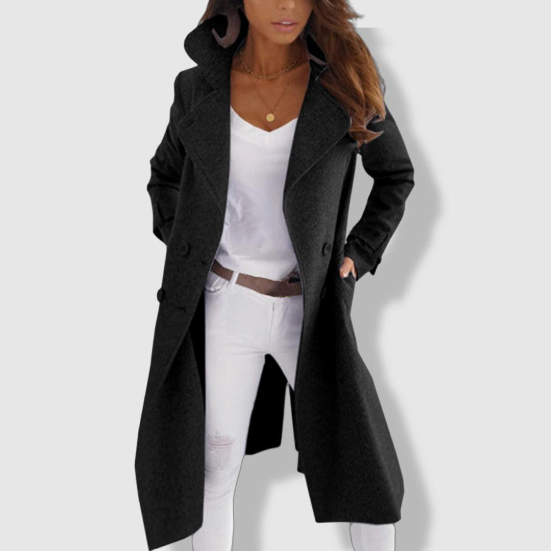Selena | Women’s Longline Wool Trench Coat – Chic Double-Breasted Winter Jacket with Wide Lapel Design