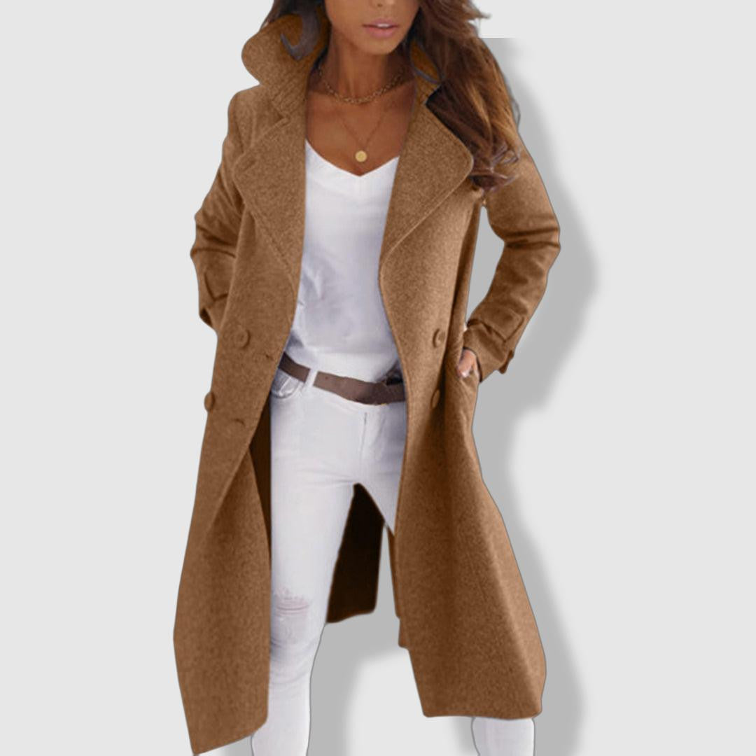 Selena | Women’s Longline Wool Trench Coat – Chic Double-Breasted Winter Jacket with Wide Lapel Design