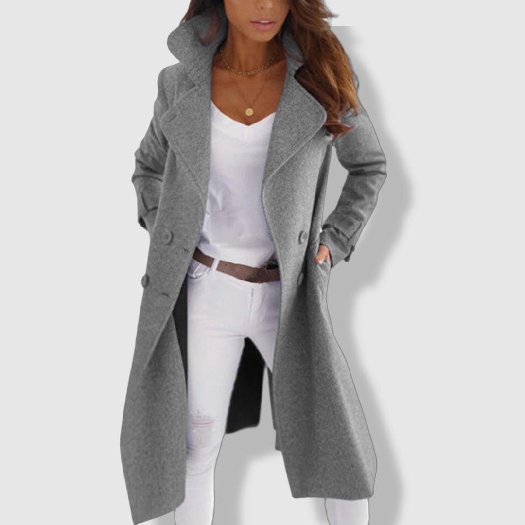 Selena | Women’s Longline Wool Trench Coat – Chic Double-Breasted Winter Jacket with Wide Lapel Design