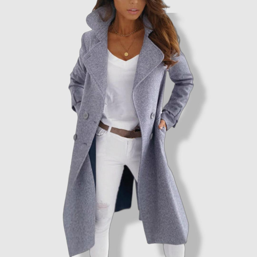 Selena | Women’s Longline Wool Trench Coat – Chic Double-Breasted Winter Jacket with Wide Lapel Design
