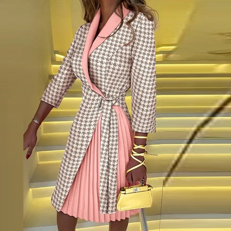 Love | Women’s Houndstooth Coat Dress – Classic Tie-Waist Design with Pleated Skirt and 3/4 Sleeves