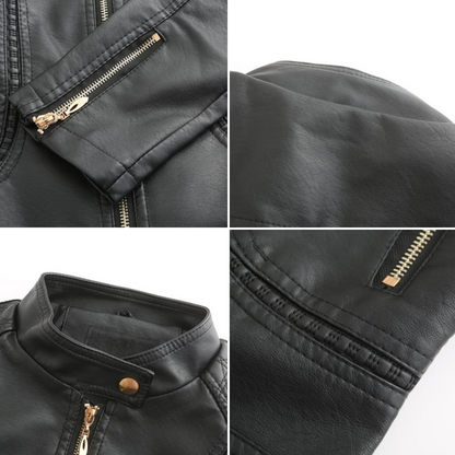 PU leather jacket with stand-up collar for women