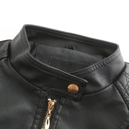PU leather jacket with stand-up collar for women