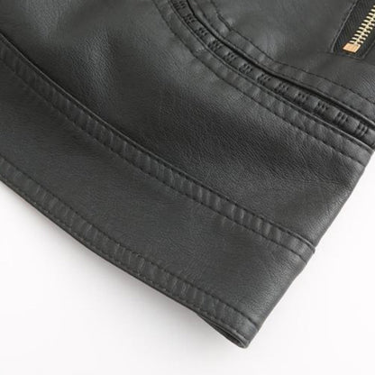PU leather jacket with stand-up collar for women