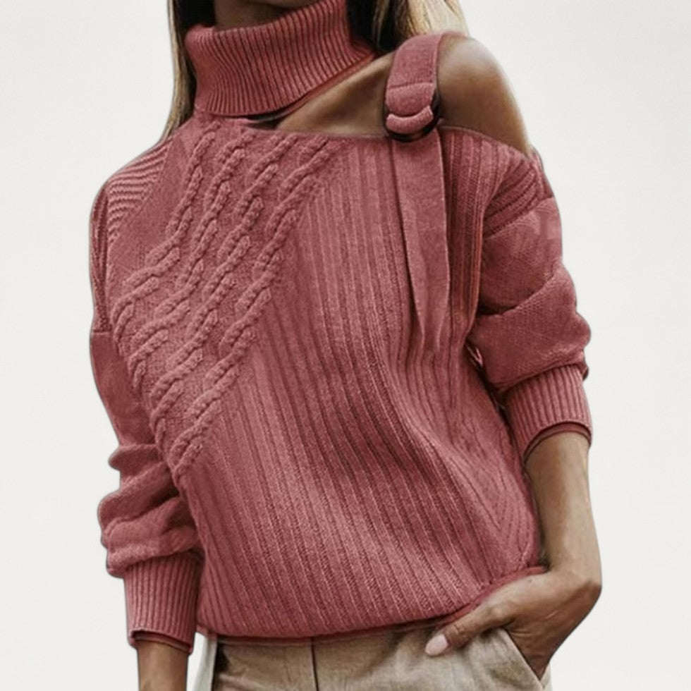 Women’s Asymmetric Cutout Cable Knit Turtleneck