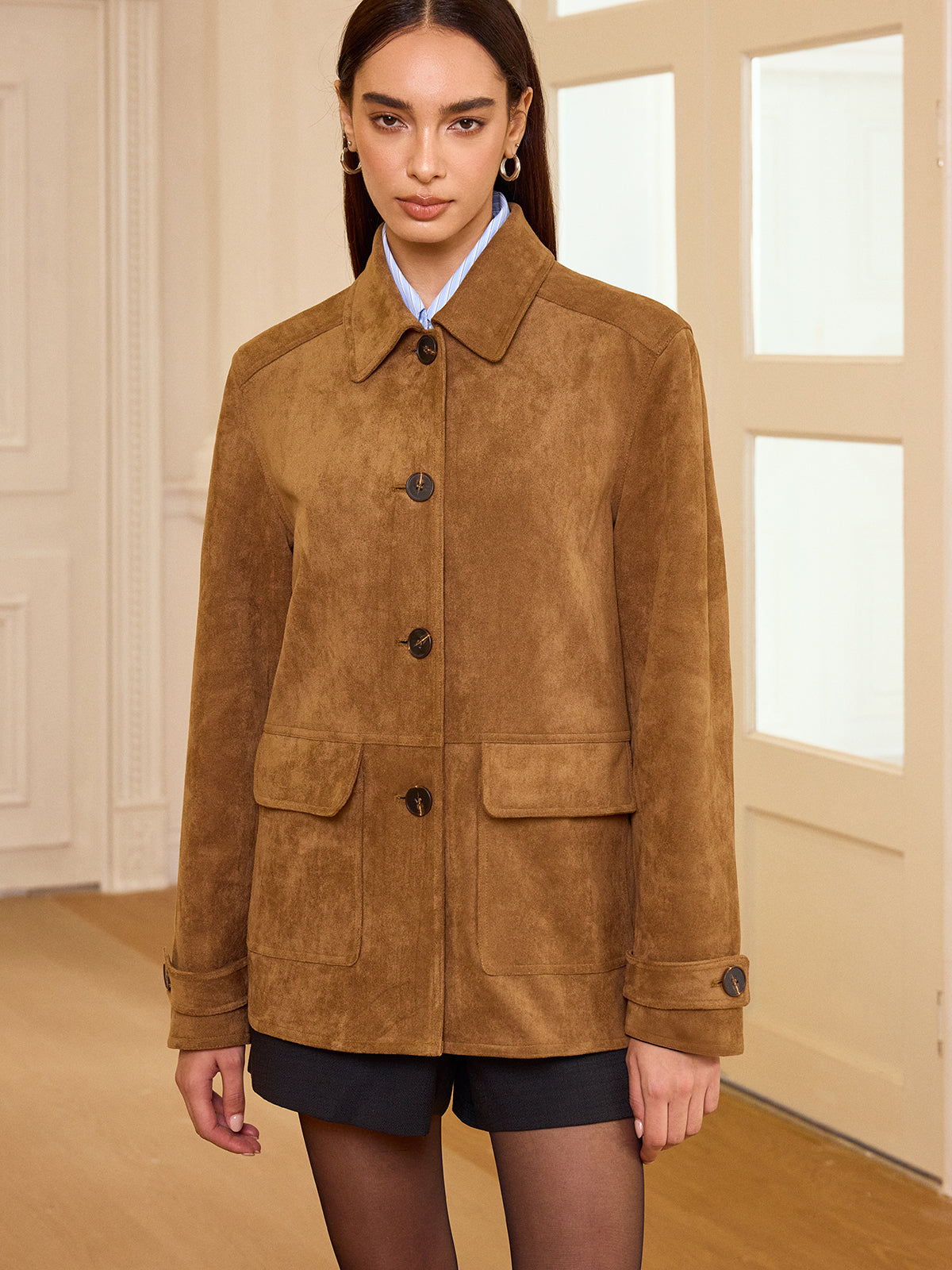 Akira | Collared Button-Front Suede Blazer