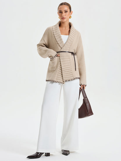 Quincy | Contrast Stitched Shawl Collar Belted Knit Outerwear