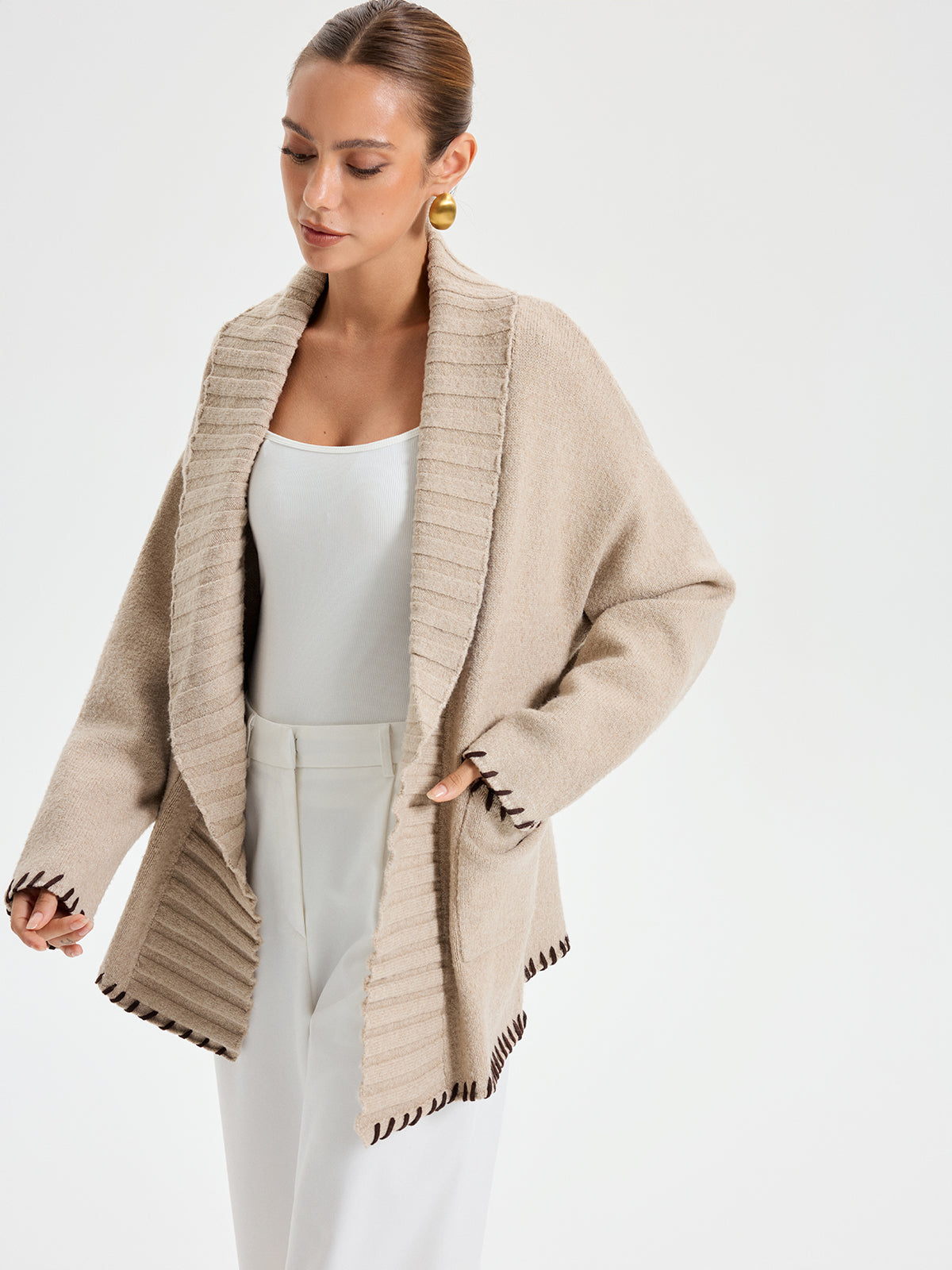 Quincy | Contrast Stitched Shawl Collar Belted Knit Outerwear