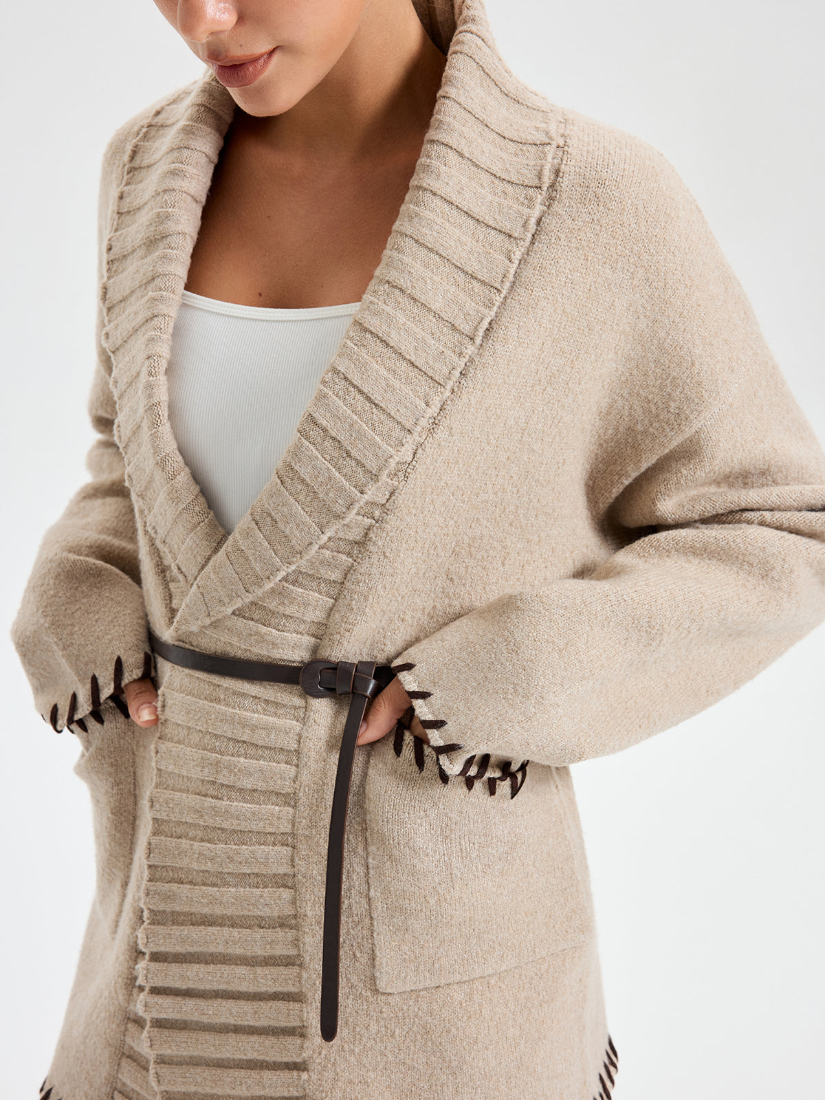 Quincy | Contrast Stitched Shawl Collar Belted Knit Outerwear